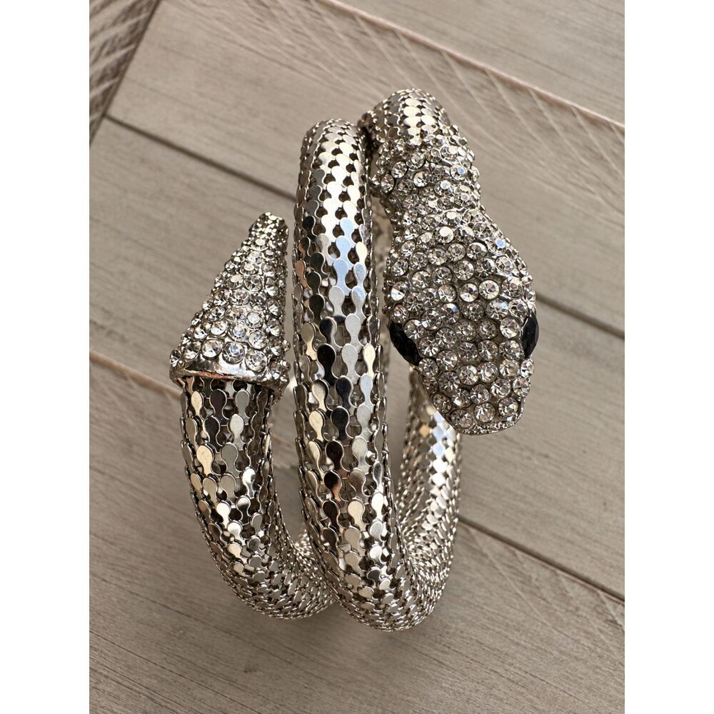 Vintage Rhinestone Snake Serpent Mesh Coil Bracelet Silver Egyptian Wrap Cuff